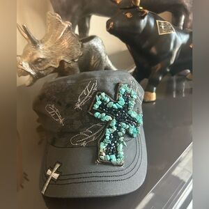 Gray Cap with Turquoise Cross Embellishment